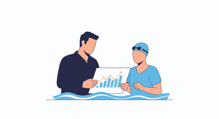 Swimming Coach Analyzing Performance Data with Athlete, Ideal for Sports Analytics, Team Strategy, and Athletic Improvement Presentations