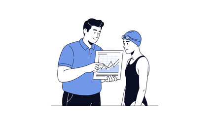 Swimming Coach Analyzing Performance Data with Athlete, Illustrating Sports Training and Analytics for Improved Skill and Technique Development
