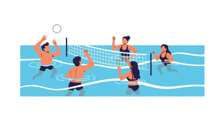 Group of Friends Enjoying a Lively Game of Water Volleyball in a Swimming Pool, Ideal for Summer Vacation, Active Lifestyles, and Recreational Activities