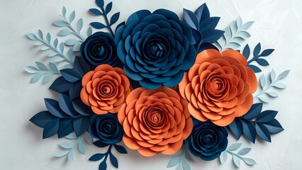 A beautiful arrangement of orange and navy blue paper flowers with light blue leaves on a white background
