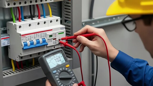 Technician using a multimeter to test electrical circuits in a panel.