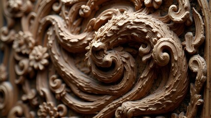 Intricate Wood Carving of a Dragon Head with Swirling Ornate Details