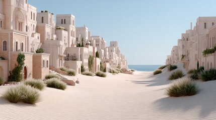 Ancient Desert Ruins with Warm Golden Sand Cinematic Epic Architecture Underneath Clear Blue Sky Daytime Near Ocean