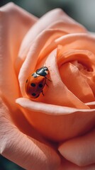 Ladybug on peach rose petals close up