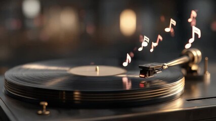 Vinyl Symphony: A vintage turntable spins a black vinyl record, with musical notes dancing gracefully into the air, evoking a sense of nostalgia and the pure joy of music.