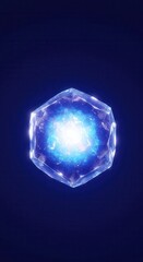 A luminous, multifaceted crystal radiates a brilliant inner light against a deep navy backdrop.