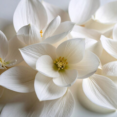 Close-up of delicate white winter aconite petals on pastel beige background with soft natural side lighting and subtle shadows