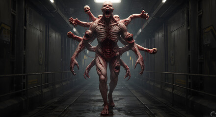 Horrific Multi-Limbed Mutant Creature in Dark Corridor