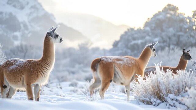 Three Llamas in Snowy Andean Landscape at Sunrise