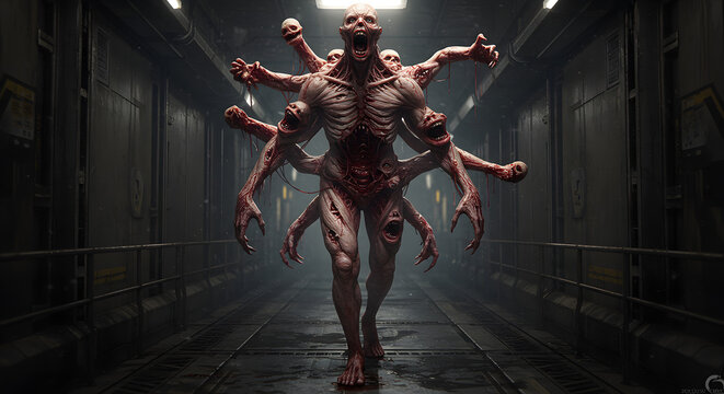 Horrific Multi-Limbed Mutant Creature in Dark Corridor - Powered by Adobe