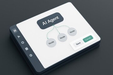 Fototapeta premium Clean builder canvas with AI Agent and three nodes, dotted branches, Save and Cancel buttons on panel 
