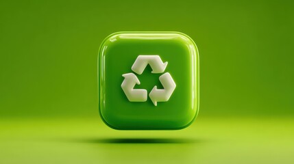 A glossy, bright-green square button displays a three-sided recycling symbol in a vibrant white hue, set against a solid lime-green background.