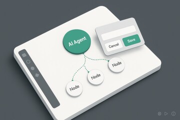 White workspace with green circular AI Agent and modal form, dotted links to three Node bubbles
