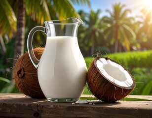Coconut Milk in Glass Pitcher with Coconuts.