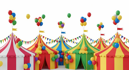 Obraz premium A vibrant collection of colorful circus tents adorned with festive balloons and pennant banners, set against a clean white background, evoking a sense of cel...