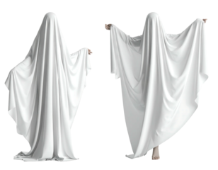 Two figures draped in large white sheets