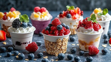 Table with assorted yogurt cups, each garnished with different fruits for variety and flavor.