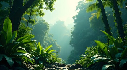 Sunlight Filtering Through a Dense, Misty Tropical Rainforest Canopy