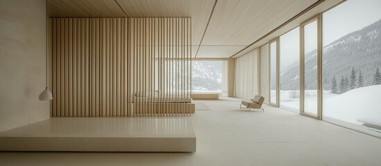 Obraz premium Modern minimalist bedroom with mountain views