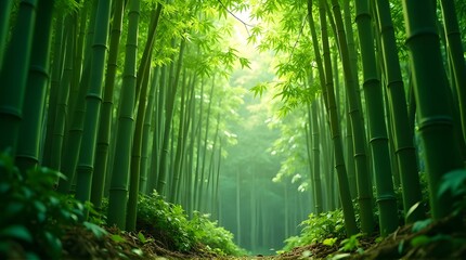 Sunlit Path Winding Through a Dense and Serene Bamboo Grove