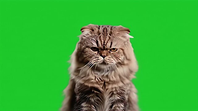 Close-up of a grumpy, fluffy cat with folded ears and an angry expression, isolated on a vibrant green screen background, perfect for creative projects and compositing