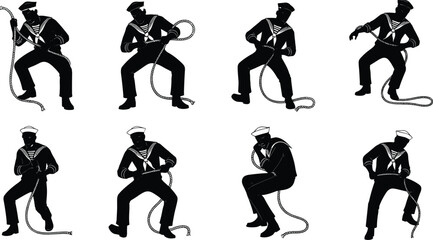 Silhouette sailor vector illustration, navy man pulling rope, maritime worker drawing, nautical crew member graphic, seaman uniform design, vintage marine artwork