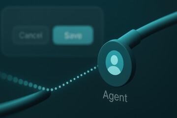 Cable with round avatar connector labeled Agent, dotted signal path, blurred dialog in background
