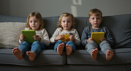 Three young children sitting on couch playing with tablets indoors
