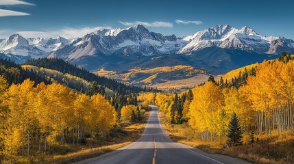 Golden Woods Road with Snow-Capped Mountains Majestic Autumn Scenery: For Landscape Decoration, Travel Promotion and Nature-Themed Design Backgrounds