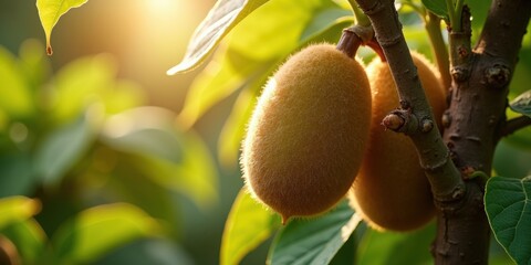 Sunlit Kiwi Fruit Ripening on Tree Branch