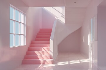 Obraz premium Sunlit minimalist interior with pale pink staircase, white walls, and large window