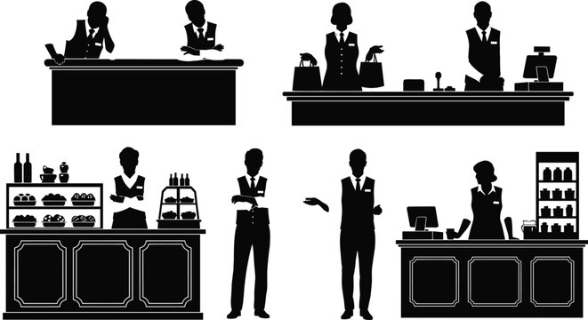 Silhouette shop assistant, cashier vector illustration, store employee black silhouette, supermarket counter worker, retail staff serving, customer service counter, shop cashier art