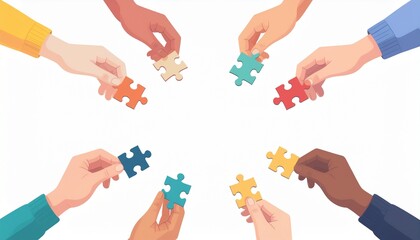 Hands of diverse people connecting puzzle pieces, symbolizing teamwork and collaboration towards a common goal.