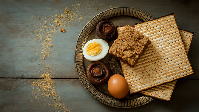 Traditional Passover Seder plate with matzah, hard-boiled egg, charoset, maror, and karpas on a rustic wooden table