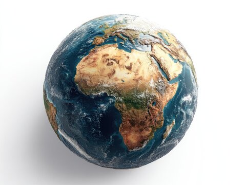 A detailed 3D rendering of Earth, centered on Africa, showing continents, oceans, and cloud formations against a white background - Powered by Adobe