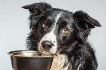 Dog happily holds a bowl for food with his teeth in a well-lit indoor setting, showcasing a joyful moment of anticipation around meal time