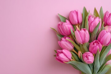 Fototapeta premium Beautiful composition of spring flowers, a bouquet of pink tulips arranged neatly on a soft pastel pink background during the vibrant spring season