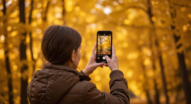 Young woman taking photos with smartphone in autumn forest - Powered by Adobe