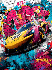 Futuristic Sports Car in Graffiti Urban Scene with Colorful Spray-Painted Background