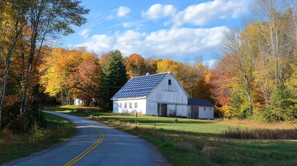 Autumn Country Road with White Barn and Colorful Trees Natural Landscape: For Poster Design, Web Backgrounds and Decorative Painting Materials