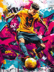Energetic Soccer Player in Motion with Graffiti Wall Backdrop in Vibrant Urban Style