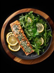 Grilled salmon fillet with herb butter, served alongside a vibrant arugula salad and lemon slices on a dark plate atop a wooden board