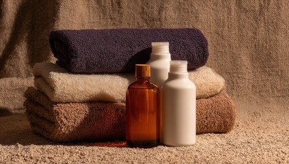 Stacked bath towels with amber and white bottles of toiletries in soft light against a neutral backdrop