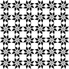 Striking seamless repeating pattern featuring a grid of stylized six-petaled black floral motifs. The high-contrast monochrome design makes it versatile for use in textiles, wallpapers, or various