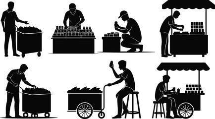 Street vendor silhouette, man selling food, small market stall vector, drink cart illustration, black silhouette seller, outdoor kiosk shop worker, marketplace design