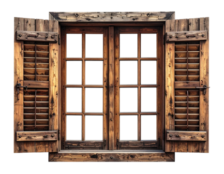 Aged wooden double-hung window with shutters
