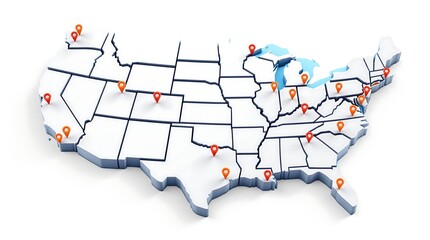 United states map with location pins usa travel destinations and cities map american geography concept