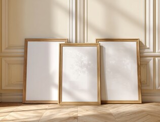 Three Golden Frames Mockup in Sunlit Room