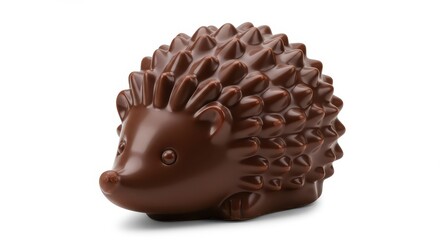 A delightful chocolate hedgehog figurine, meticulously crafted, sits in profile against a pure white background.
