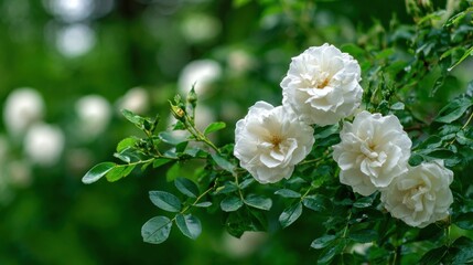 Fototapeta premium Three White Roses in Full Bloom on Green Bush